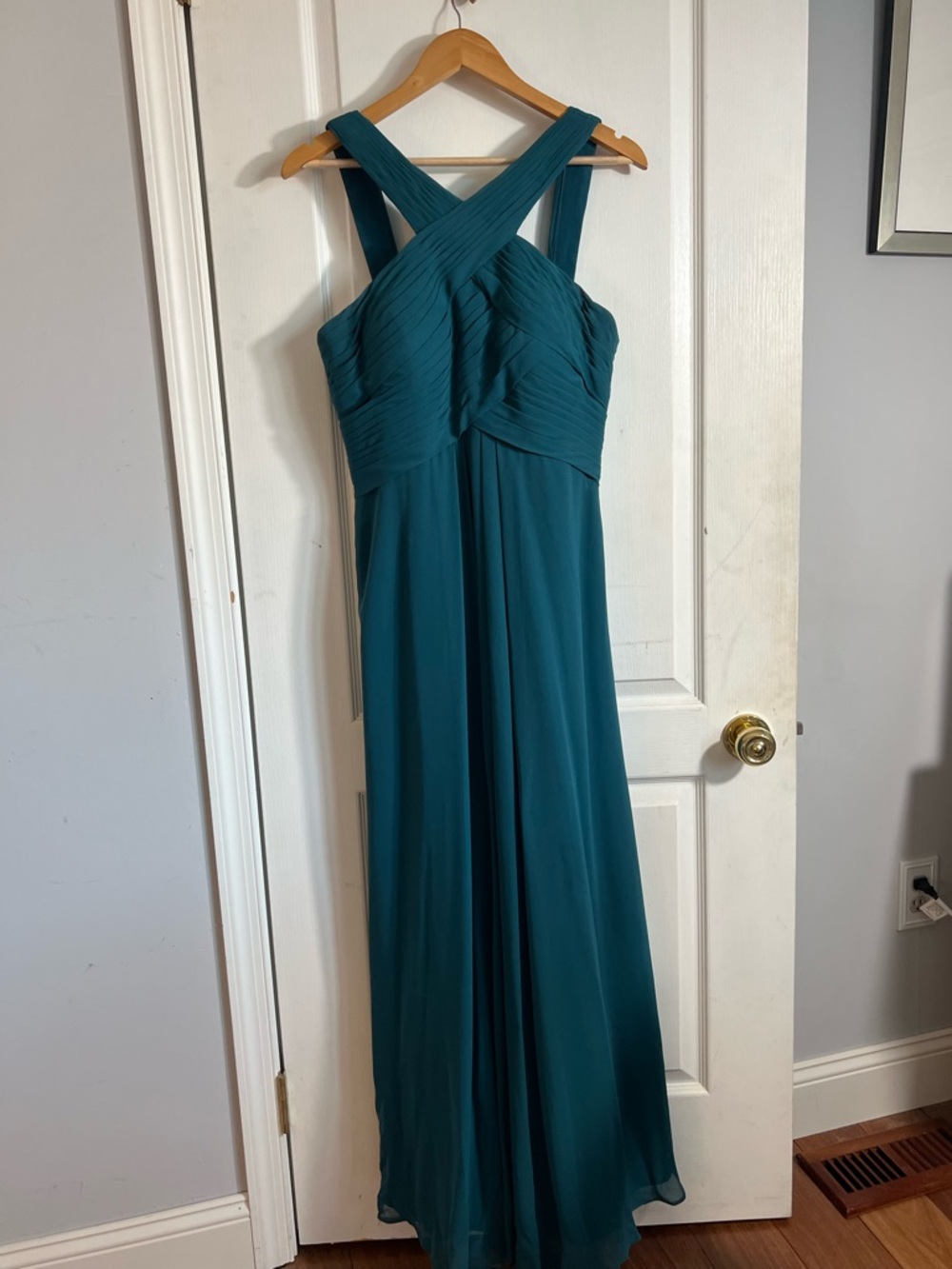 Azazie Teal Maxi Chiffon Cross-Strap Dress